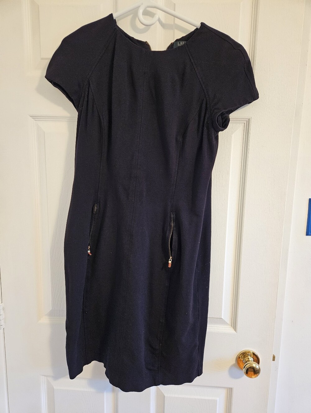 Ralph Lauren Navy Short Sleeve Sheath Dress with Gold Zips